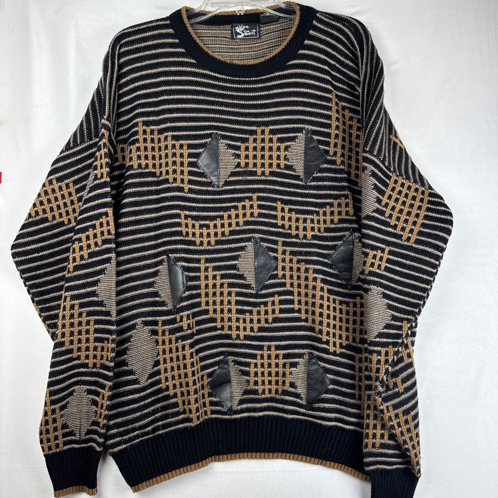 Vintage Alan Stuart Geometric Knit Sweater Men's‎ XL Leather Accent 80s 90s